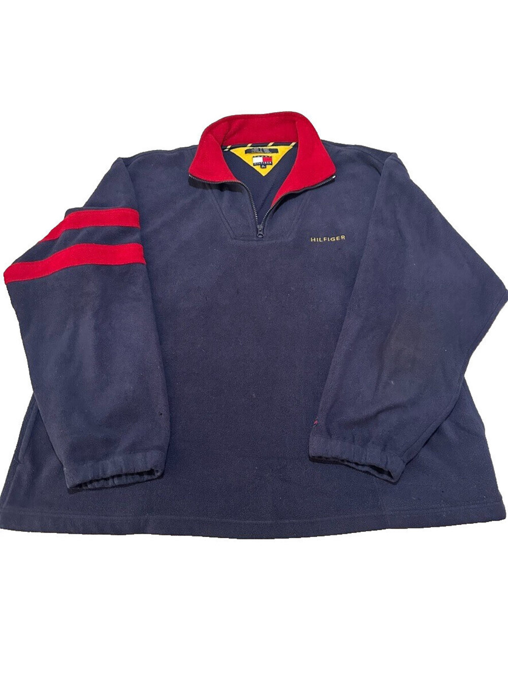 Vintage 90s Tommy Hilfiger Fleece Pullover Jacket Men XL Navy Blue Logo 1/4 Zip